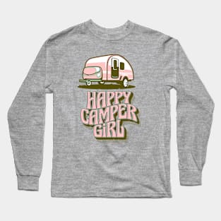 Happy Camper Girl Pink Camper in Retro Style Long Sleeve T-Shirt